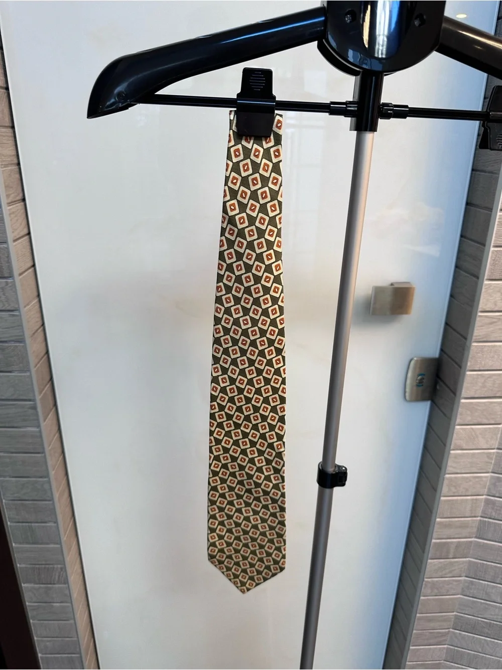 J. Crew Olive Green Geometric Silk-Blend Tie with Cream and Rust Accents